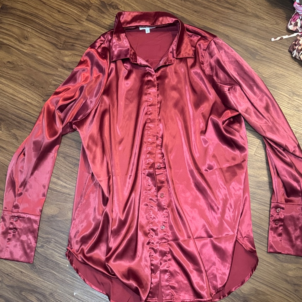 Fashion Nova Shiny Red Button Down Shirt